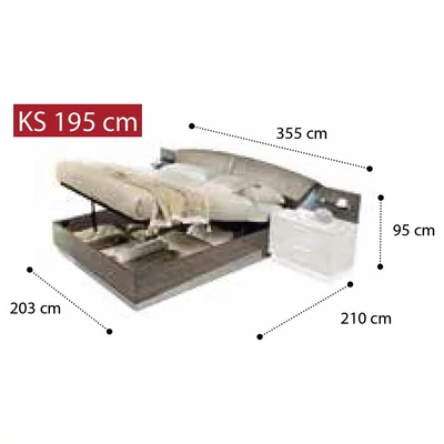 Platinum Double bedstead with LUNA bedding container, with curved headboard - silver birch