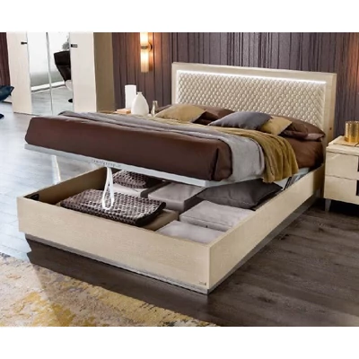 Ambra franciaágy keret ágyneműtartóval, kárpitozott fejvéggel, LED világítással, bézs színű műbőrrel - nyírfa