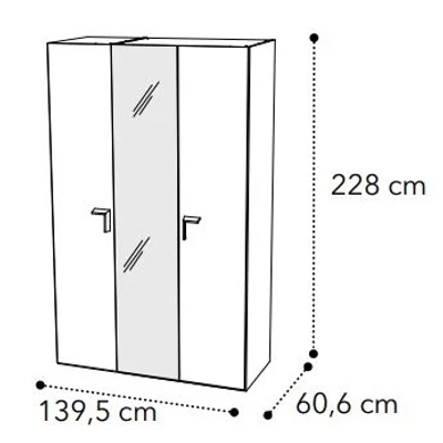 Smart 3-ajtós gardróbszekrény, 1 tükrös ajtóval, Volare fogantyúval - fehér