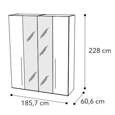Smart 4-ajtós gardróbszekrény, 2 tükrös ajtóval, Maia fogantyúval - fehér