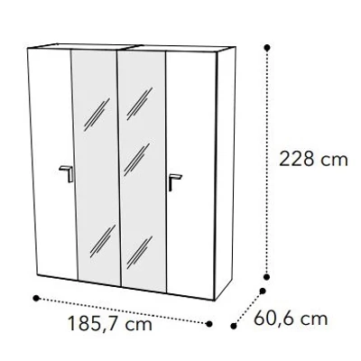 Smart 4-ajtós gardróbszekrény, 2 tükrös ajtóval, Volare fogantyúval - fehér