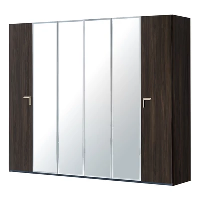 Smart 5-ajtós gardróbszekrény, 3 tükrös ajtóval, Volare fogantyúval - erezett dió