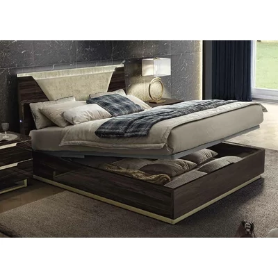 Smart Double bedstead with bedding container, with wooden headboard - veined walnut