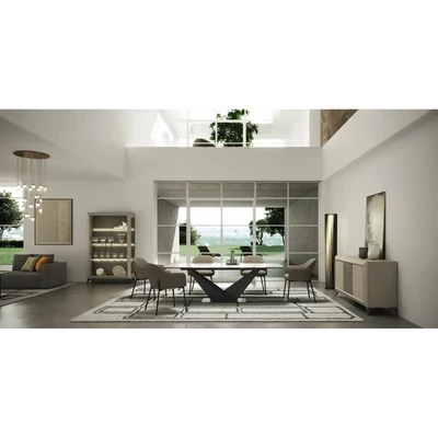 Bézs étkező garnitúra kerámia asztallappal, 1 db 2 ajtós vitrines szekrénnyel – CA Prestige Day