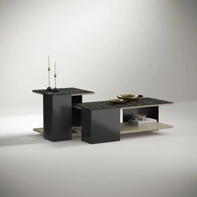 Bézs-antracit dohányzóasztal és kisasztal kerámia asztallappal – CA Zenith Day