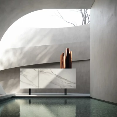 Bézs-antracit tálalószekrény kerámia ajtókkal; 3 ajtós – CA Zenith Day