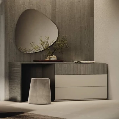 Essenza fésülködő asztal szimpla komóddal; Goccia tükör; Essenza Smart puff