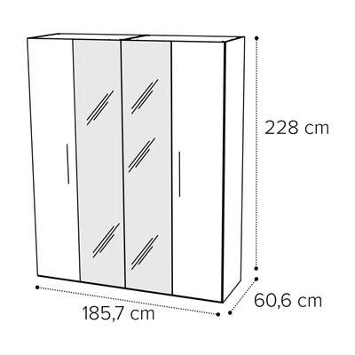 Sematikus ábra és méretek (4 ajtós változat 2 tükörrel)