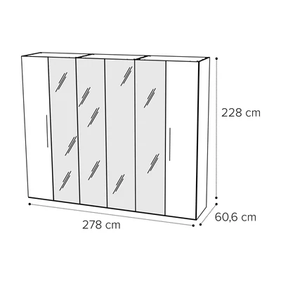 Sematikus ábra és méretek (6 ajtós változat 4 tükörrel)
