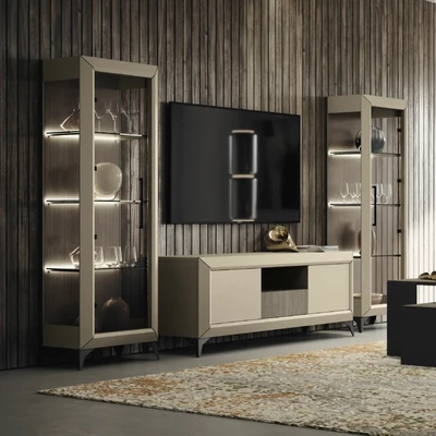 Bézs TV-szekrény szett LED-világítással (TV-szekrény + 2x 1 ajtós vitrines szekrény) – CA Prestige Day