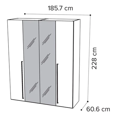 Sematikus ábra és méretek (4 ajtós változat 2 tükörrel)