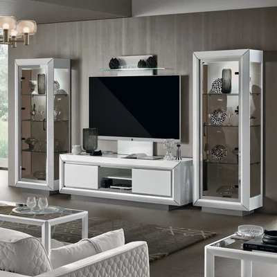 Fehér TV-szekrény szett (TV-szekrény + fali panel + 2x 1 ajtós vitrines szekrény) – CA Elite Day