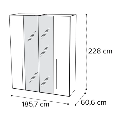 Sematikus ábra és méretek (4 ajtós változat 2 tükörrel)