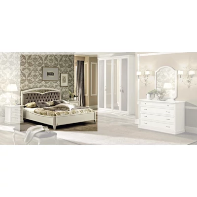 Nostalgia Double bedstead with bedding container, with curved side, with metal-insert decorative frame with curved headboard and capitonné padding, with short footboard - antique white