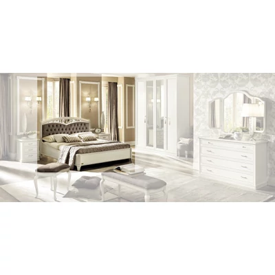 Nostalgia Double bedstead with bedding container, with curved side, with metal-insert decorative frame with curved headboard and capitonné padding, with short footboard - antique white