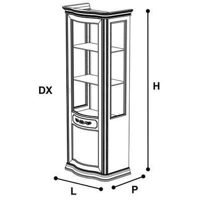 Torriani Day 1-door curved display cabinet opening to the right with mirror back panel - ivory