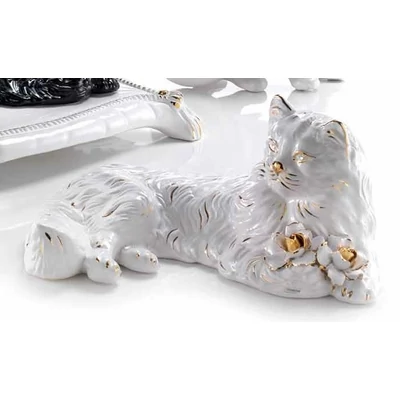 Perzsa macska rózsával kerámia szobor - fehér, arany