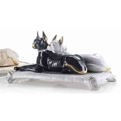 Danish dog couple ceramic sculpture, with cushion.