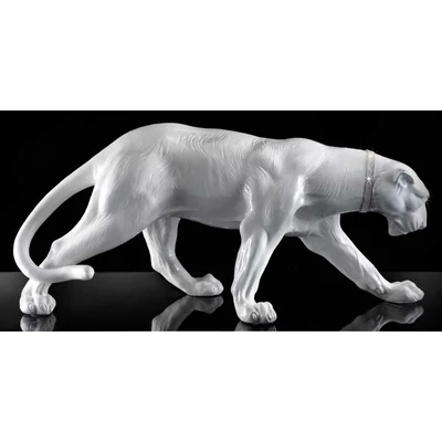 White panther ceramic sculpture with real Swarovski crystal necklace