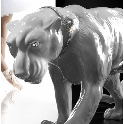 White panther ceramic sculpture with real Swarovski crystal necklace