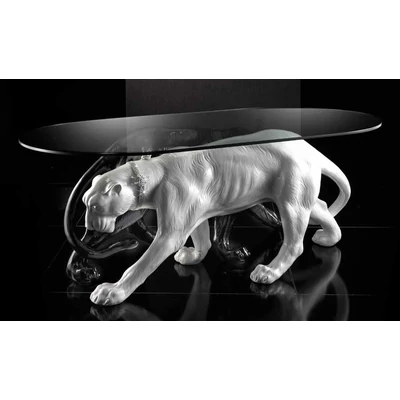 Table with panther ceramic sculpture with glass