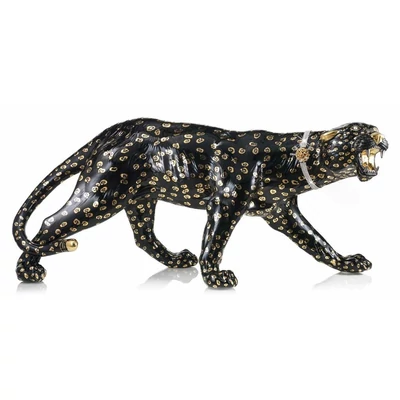 Párduc kerámia szobor, eredeti Swarovski nyakékkel - fekete, arany, platina