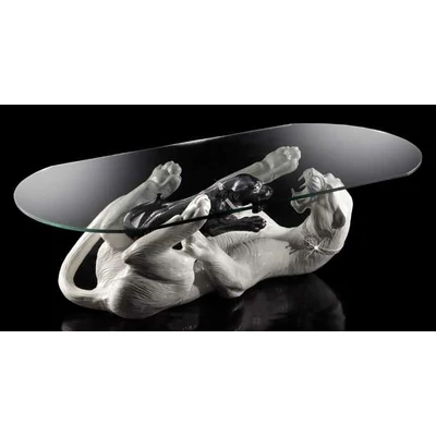 Table with lying panther and cub ceramic sculpture , with real Swarovski collar, with glass.