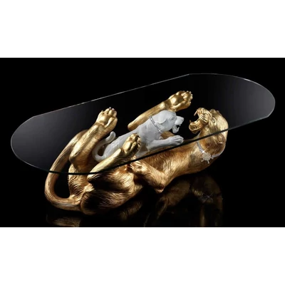 Table with lying panther and cub ceramic sculpture , with real Swarovski collar, with glass.
