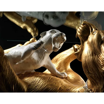 Table with lying panther and cub ceramic sculpture , with real Swarovski collar, with glass.