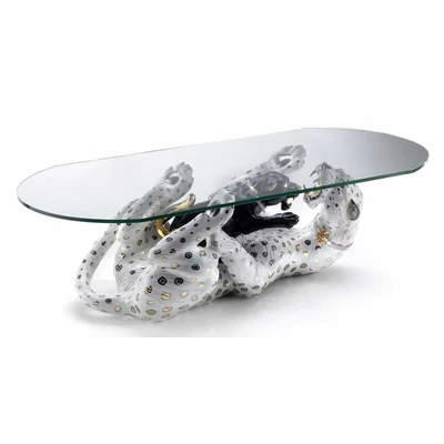 Asztal fekvő párduccal és párduckölyökkel kerámia szobor, eredeti Swarovski nyakékkel, üveggel