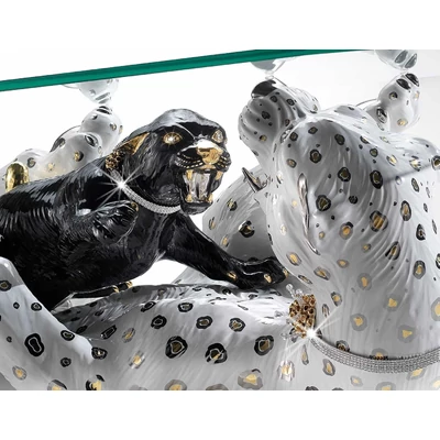 Table with lying panther and cub ceramic sculpture , with real Swarovski collar, with glass.