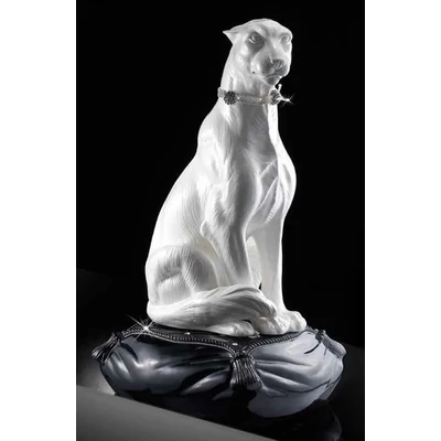 Nagyméretű leopárd kerámia szobor, eredeti Swarovski nyakékkel - fehér, fekete