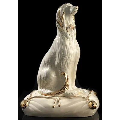 Afgán agár kerámia szobor, eredeti Swarovski kristályokkal díszített párnával és virággal - krémszínű, arany