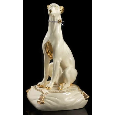 Greyhound ceramic sculpture with original Swarovski collar with grey cushion.