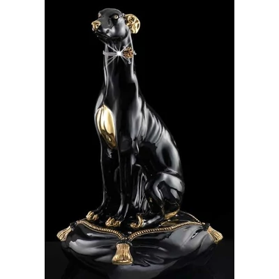 Greyhound ceramic sculpture with original Swarovski collar with grey cushion.
