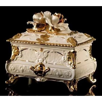 Angular ceramic jewelry box with rose. Color: cream color, gold