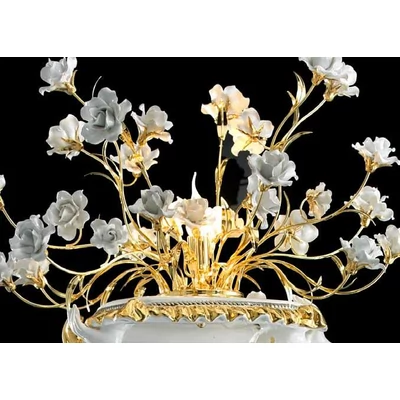 Large ceramic floor lamp with roses, with pedestal, with built-in lighting. Color: brass, white, gold, platinum