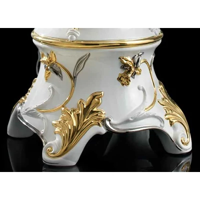 Large ceramic floor lamp with roses, with pedestal, with built-in lighting. Color: brass, white, gold, platinum