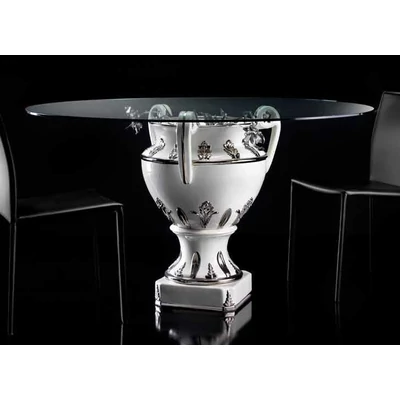 Nagyméretű kerámia asztal orchideákkal, üveglappal Ø 120 cm - fehér, platina