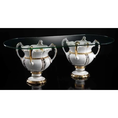 Ovális kerámia asztal rózsákkal, üveglappal 150x70 cm - fehér, arany, platina