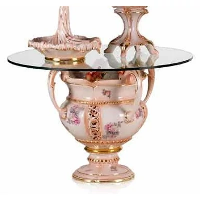 Kisméretű kerámia asztal rózsákkal, üveglappal Ø 80 cm - világoskék, lazacszín, arany