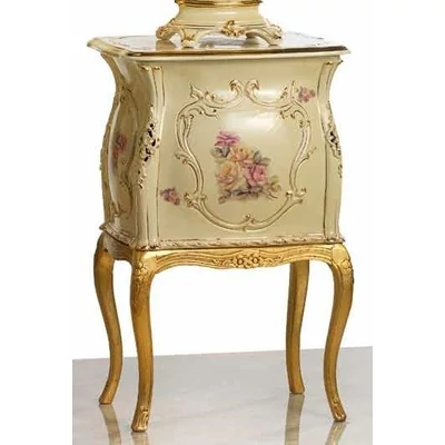 Szögletes kerámia komód rózsákkal, fa lábakkal - krémszínű, arany