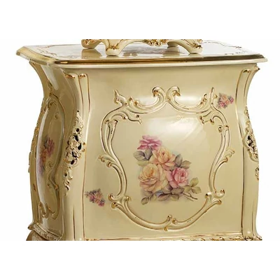 Small angular ceramic chest of drawers with roses, with wooden legs. Color: cream color, gold