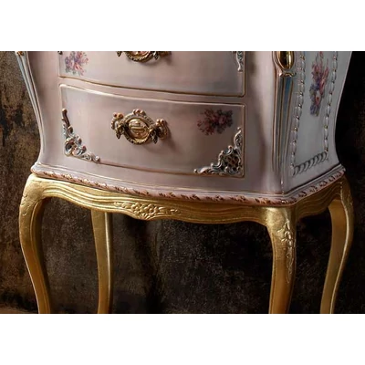 Ceramic console with 4 wooden legs. Color: rose, grey, gold.