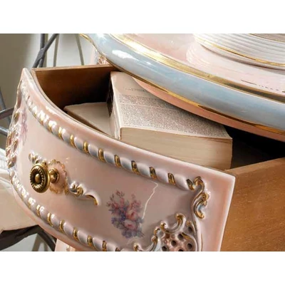 Ceramic console with drawer. Color: light blue, salmon color, gold