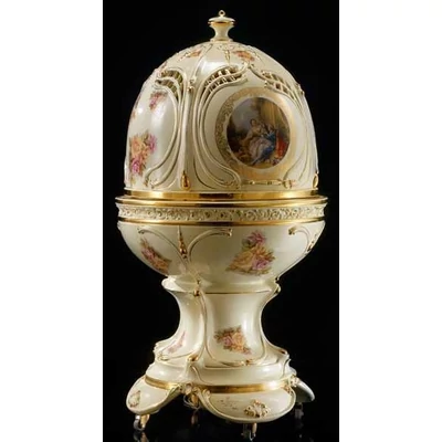 Egg-shaped ceramic container with openable top, with wheels, with built-in piston and with lighting.