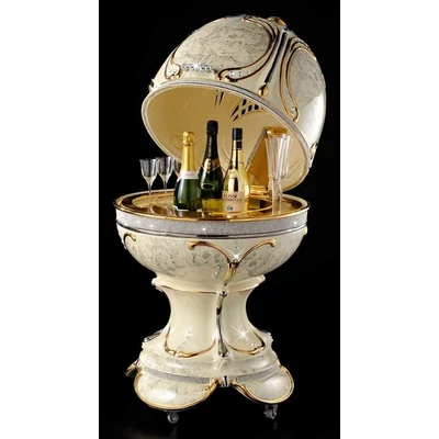 Egg-shaped ceramic container with openable top, with wheels, with built-in piston and with lighting.