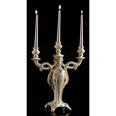 Háromágú barokk kerámia gyertyatartó - krémszínű, arany, platina