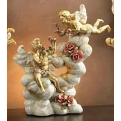Cloud-shaped ceramic ornament with angels and with lamp, painted ceramic.