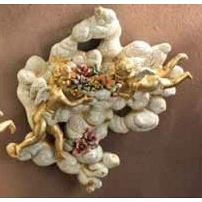 Cloud-shaped ceramic ornament with angels, painted ceramic.